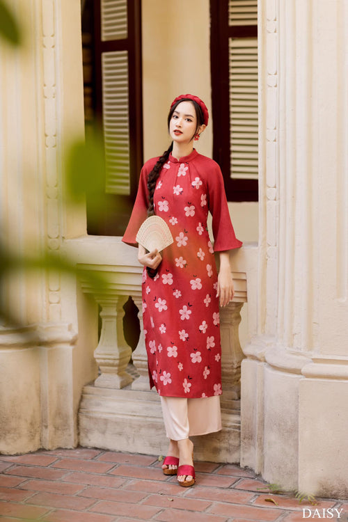 Ao Dai Elegant Midi Dress in Shiny Silk - Floral Dress Blouson for Casual | Wedding Guest Dress Ao Dai