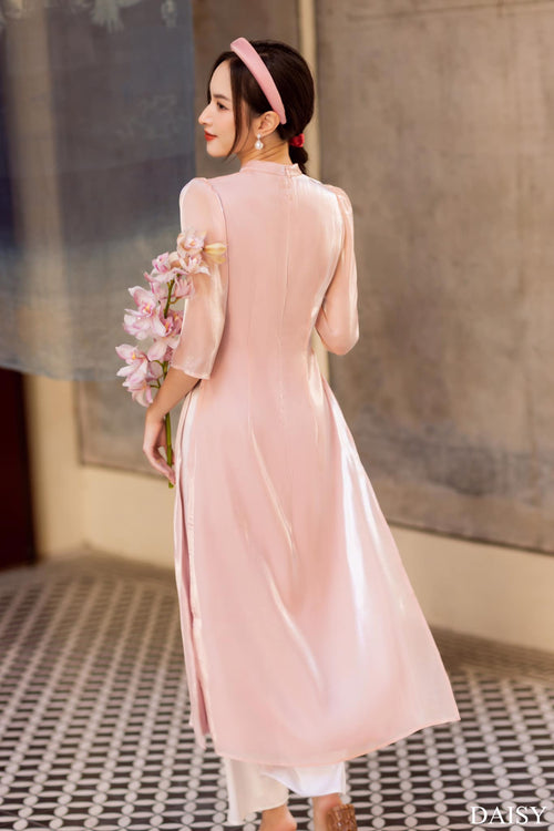 Ao Dai Elegant Midi Dress in Shiny Silk - Solid Dress Blouson with  for Casual | Wedding Guest Dress Ao Dai