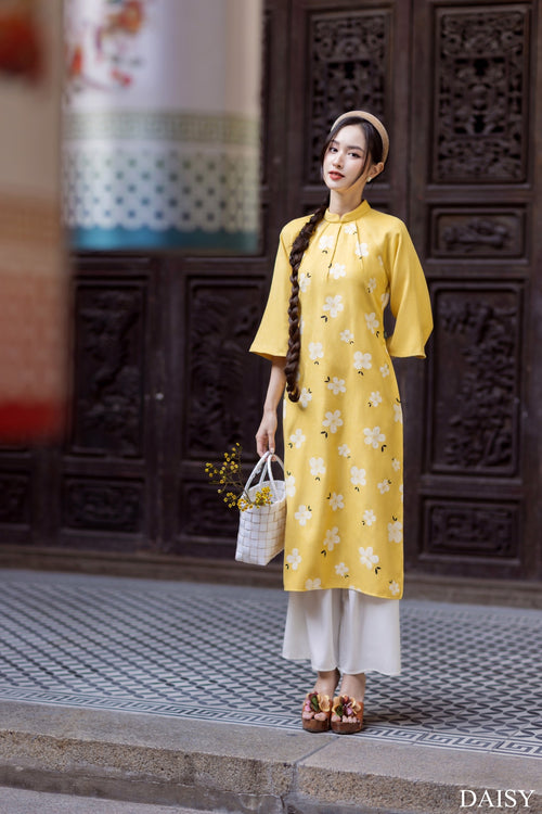 Ao Dai Elegant Midi Dress in Shiny Silk - Floral Dress Blouson for Casual | Wedding Guest Dress Ao Dai