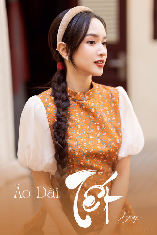 Ao Dai Elegant Orange Midi Dress in High Quality Silk - Floral Dress Blouson Vintage Style for Casual | Wedding Guest Dress Ao Dai