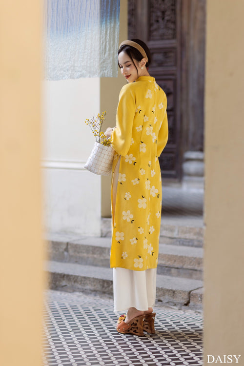 Ao Dai Elegant Midi Dress in Shiny Silk - Floral Dress Blouson for Casual | Wedding Guest Dress Ao Dai