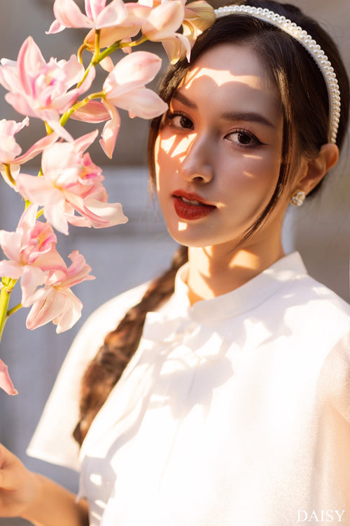 Ao Dai Elegant White Midi Dress in Shiny Silk - Lotus Dress Blouson Tunic Style for Casual | Wedding Guest Dress Ao Dai