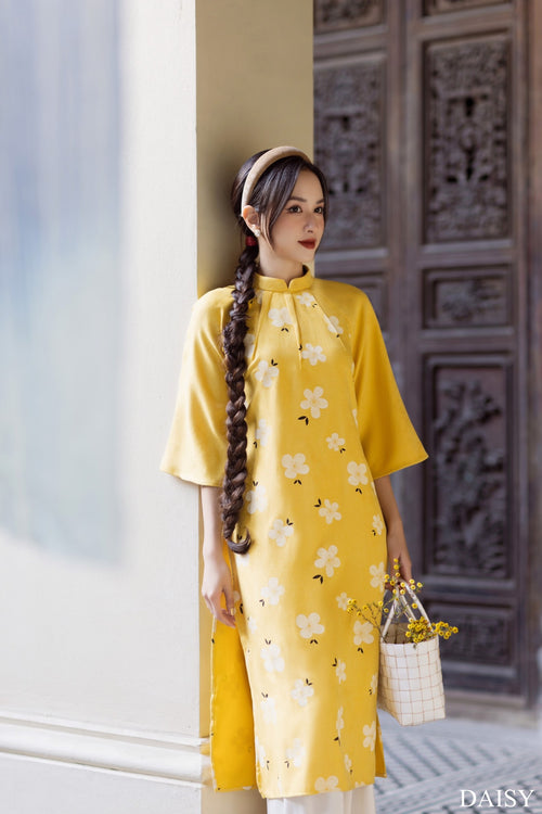 Ao Dai Elegant Midi Dress in Shiny Silk - Floral Dress Blouson for Casual | Wedding Guest Dress Ao Dai