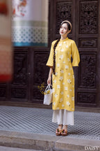 Ao Dai Elegant Midi Dress in Shiny Silk - Floral Dress Blouson for Casual | Wedding Guest Dress Ao Dai