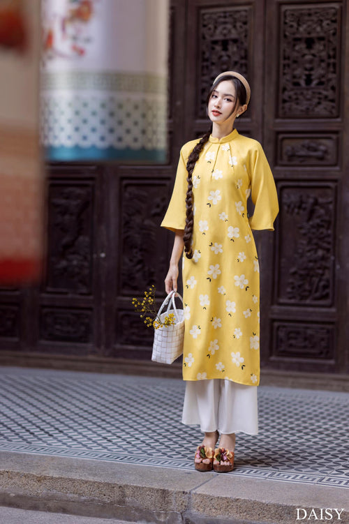 Ao Dai Elegant Midi Dress in Shiny Silk - Floral Dress Blouson for Casual | Wedding Guest Dress Ao Dai