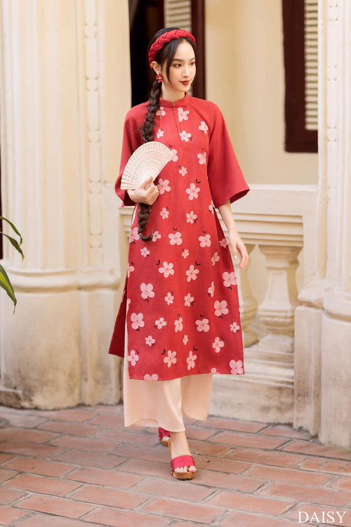 Ao Dai Elegant Midi Dress in Shiny Silk - Floral Dress Blouson for Casual | Wedding Guest Dress Ao Dai
