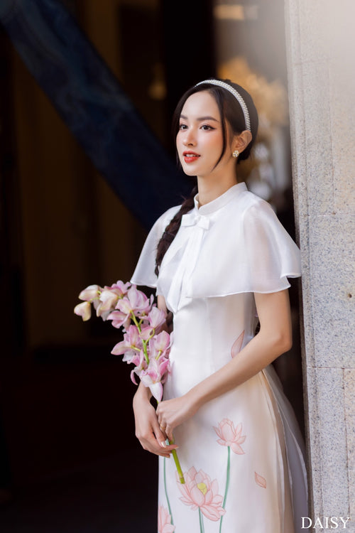Ao Dai Elegant White Midi Dress in Shiny Silk - Lotus Dress Blouson Tunic Style for Casual | Wedding Guest Dress Ao Dai