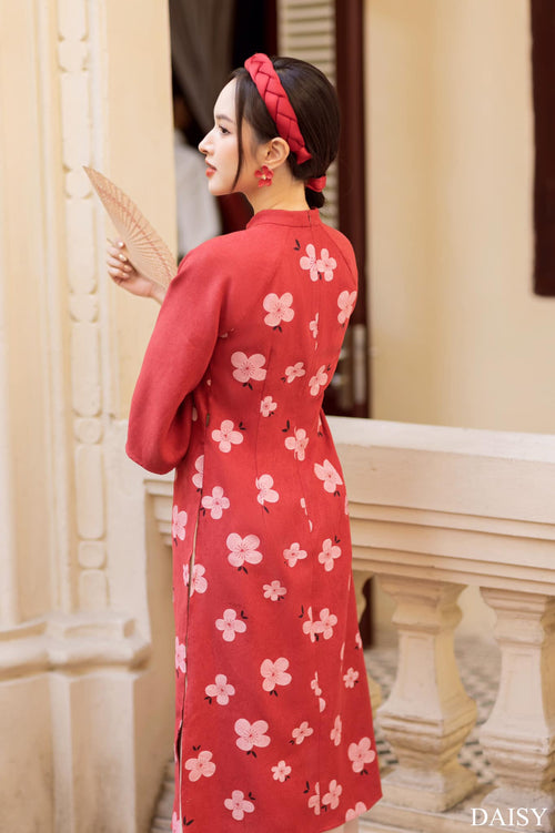 Ao Dai Elegant Midi Dress in Shiny Silk - Floral Dress Blouson for Casual | Wedding Guest Dress Ao Dai
