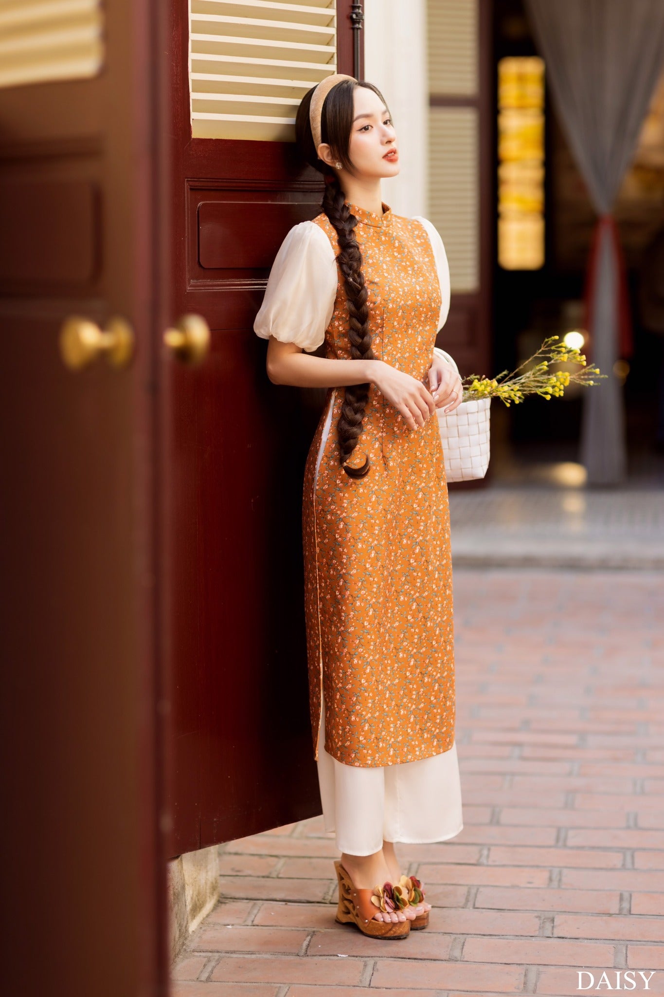 Ao Dai Elegant Orange Midi Dress in High Quality Silk Floral Dress Blouson Vintage Style for Casual Wedding Guest Dress Ao Dai