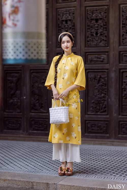 Ao Dai Elegant Midi Dress in Shiny Silk - Floral Dress Blouson for Casual | Wedding Guest Dress Ao Dai