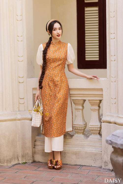 Ao Dai Elegant Orange Midi Dress in High Quality Silk - Floral Dress Blouson Vintage Style for Casual | Wedding Guest Dress Ao Dai