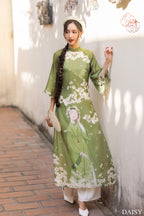 Ao Dai Elegant Green Midi Dress in Shiny Silk - Floral Dress Blouson for Casual | Wedding Guest Dress Ao Dai