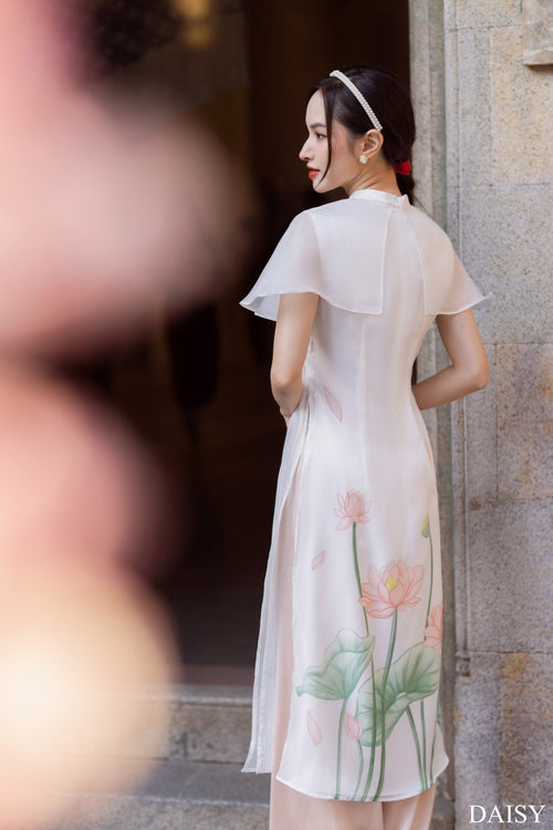 Ao Dai Elegant White Midi Dress in Shiny Silk - Lotus Dress Blouson Tunic Style for Casual | Wedding Guest Dress Ao Dai