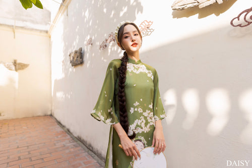 Ao Dai Elegant Green Midi Dress in Shiny Silk - Floral Dress Blouson for Casual | Wedding Guest Dress Ao Dai