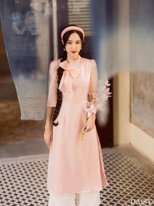 Ao Dai Elegant Midi Dress in Shiny Silk - Solid Dress Blouson with  for Casual | Wedding Guest Dress Ao Dai