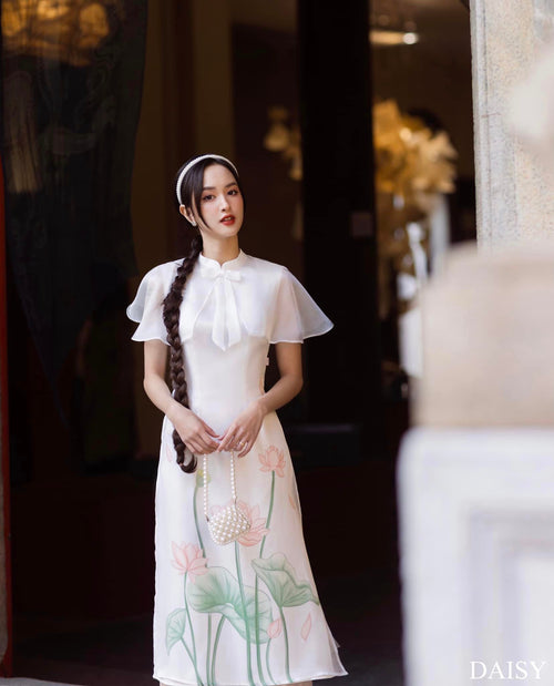 Ao Dai Elegant White Midi Dress in Shiny Silk - Lotus Dress Blouson Tunic Style for Casual | Wedding Guest Dress Ao Dai
