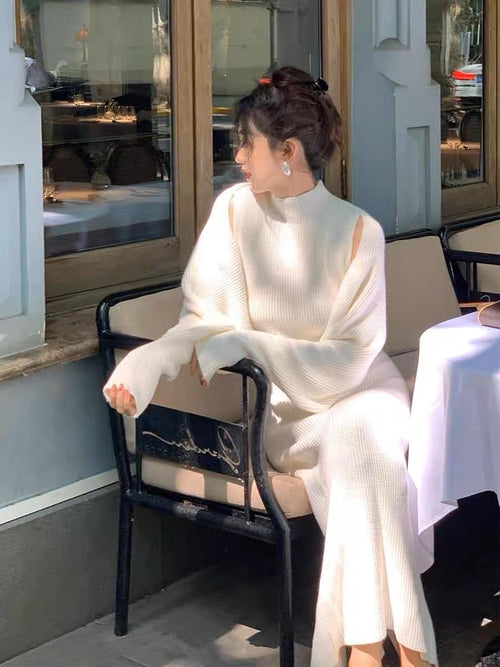 Elegant Chic Women Long Sleeve Midi Dress - 2 Sets: 1 Knitted Cotton Midi Dress + 1 external long sleeves | Elegant Basic Fashion