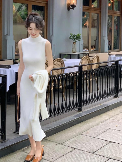 Elegant Chic Women Long Sleeve Midi Dress - 2 Sets: 1 Knitted Cotton Midi Dress + 1 external long sleeves | Elegant Basic Fashion