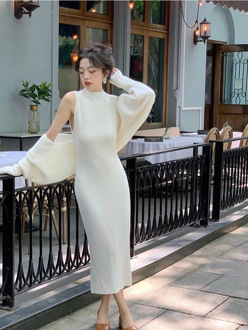 Elegant Chic Women Long Sleeve Midi Dress - 2 Sets: 1 Knitted Cotton Midi Dress + 1 external long sleeves | Elegant Basic Fashion