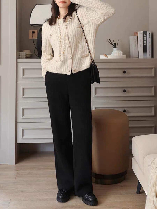 Elegant Round Neck Long Sleeves Top – Knitted Cotton w/ Closed Buttons Cardigan Tops | Classic Basic Fashion Piece