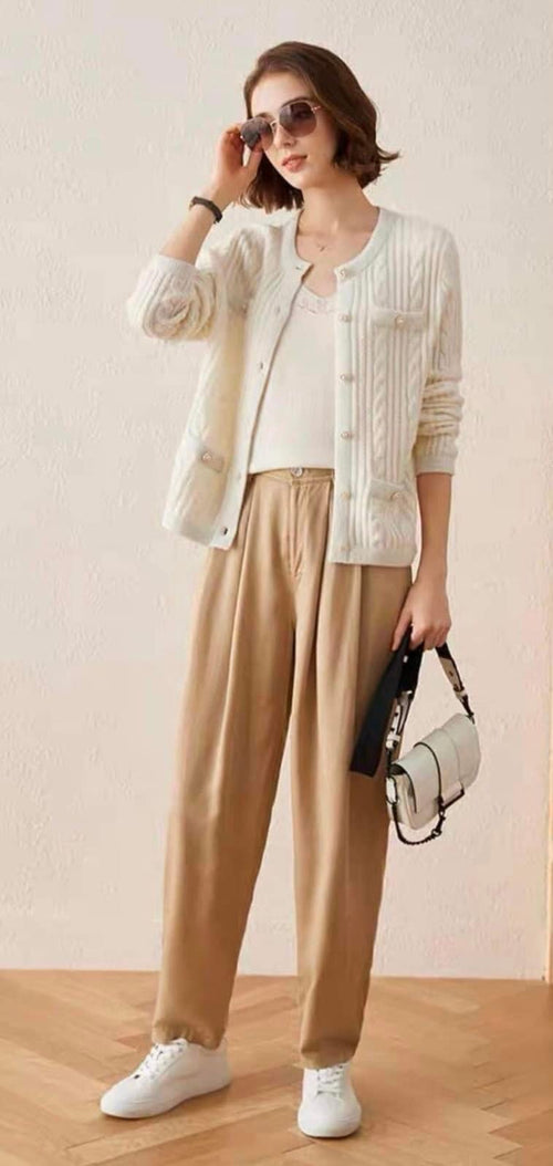 Elegant Round Neck Long Sleeves Top – Knitted Cotton w/ Closed Buttons Cardigan Tops | Classic Basic Fashion Piece