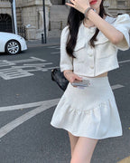 Two Piece Set | Puff Short Sleeves Round Neck Cropped Blazer Top w/ Buttons & Peasant Mini Skirt | Casual Elegant Fashion