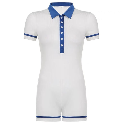 Sporty Women Short Sleeves Jumpsuit- Short Leg Length Polo Collar Tennis Deep V Cut Out Jumpsuit Jumpsuits | Sport Basic Fashion Piece