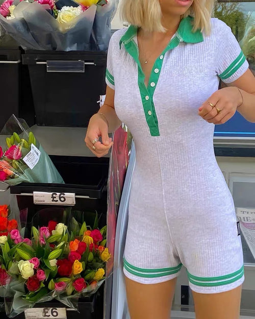 Sporty Women Short Sleeves Jumpsuit- Short Leg Length Polo Collar Tennis Deep V Cut Out Jumpsuit Jumpsuits | Sport Basic Fashion Piece