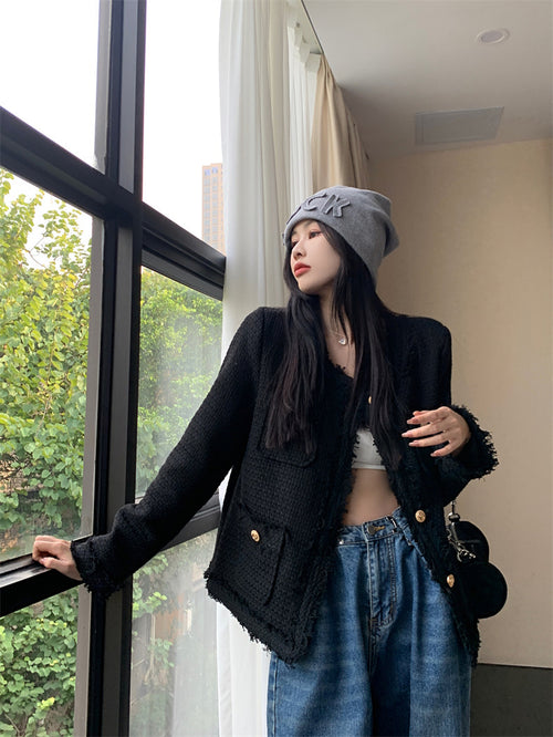 Black Elegant Style Tweed Blazer Jacket - Trendy Vintage Style Outfit| High Quality Short Suit Top