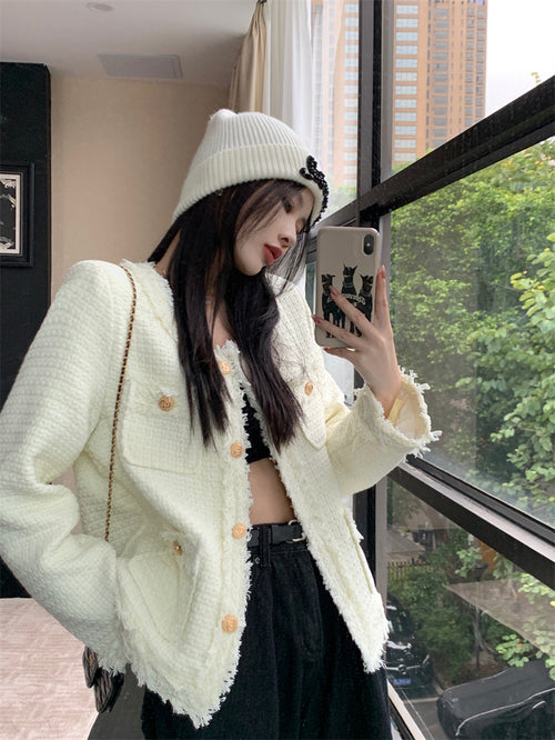 White Elegant Style Tweed Blazer Jacket - Trendy Vintage Style Outfit| High Quality Short Suit Top
