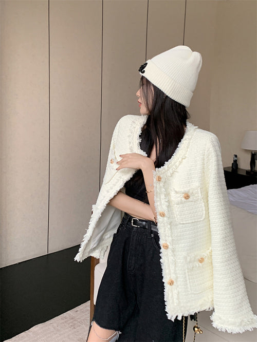 White Elegant Style Tweed Blazer Jacket - Trendy Vintage Style Outfit| High Quality Short Suit Top