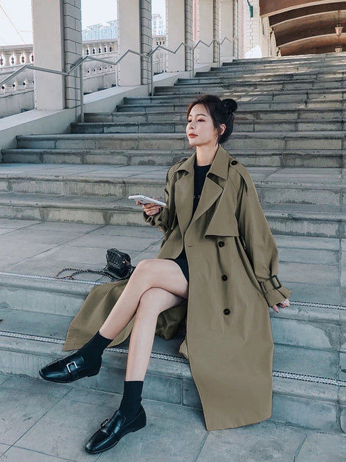 Elegant Double Buttons Trench Coat Jacket Dark Brown- Coats Jackets Outfit for Spring/Summer