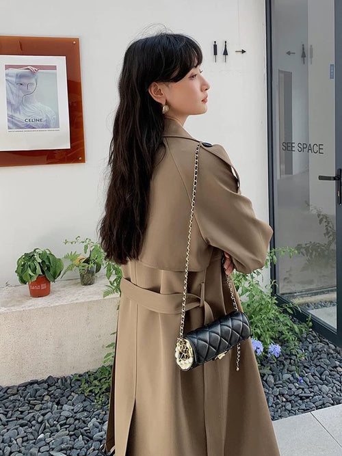 Elegant Double Buttons Trench Coat Jacket Dark Brown- Coats Jackets Outfit for Spring/Summer