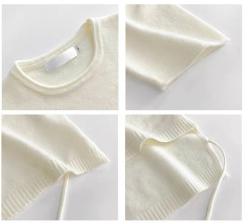 Elegant Round Neck Short Sleeves Crop Top – Knitted Cotton w/ Closed Buttons Tops | Classic Basic Fashion Piece