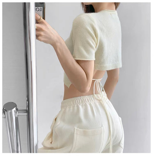Elegant Round Neck Short Sleeves Crop Top – Knitted Cotton w/ Closed Buttons Tops | Classic Basic Fashion Piece