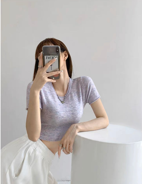 Elegant Round Neck Short Sleeves Crop Top – Knitted Cotton w/ Closed Buttons Tops | Classic Basic Fashion Piece