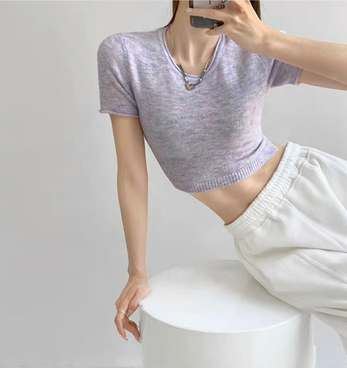 Elegant Round Neck Short Sleeves Crop Top – Knitted Cotton w/ Closed Buttons Tops | Classic Basic Fashion Piece