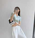 Elegant Round Neck Short Sleeves Crop Top – Knitted Cotton w/ Closed Buttons Tops | Classic Basic Fashion Piece