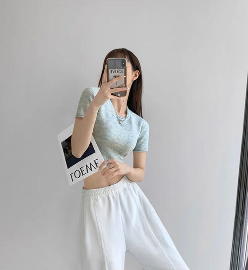 Elegant Round Neck Short Sleeves Crop Top – Knitted Cotton w/ Closed Buttons Tops | Classic Basic Fashion Piece