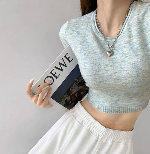 Elegant Round Neck Short Sleeves Crop Top – Knitted Cotton w/ Closed Buttons Tops | Classic Basic Fashion Piece