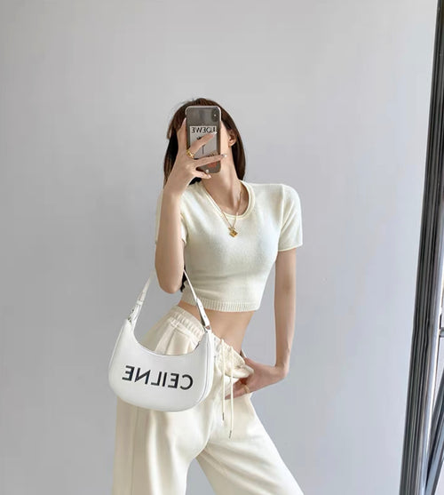Elegant Round Neck Short Sleeves Crop Top – Knitted Cotton w/ Closed Buttons Tops | Classic Basic Fashion Piece