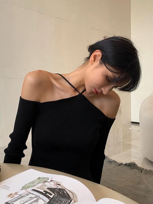 Women Long Sleeves Top - Front Cami Cross Halter Neck Knitted Off The Shoulder Ribbed Tops | Elegant Basic Fashion Piece