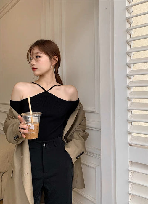 Women Long Sleeves Top - Front Cami Cross Halter Neck Knitted Off The Shoulder Ribbed Tops | Elegant Basic Fashion Piece