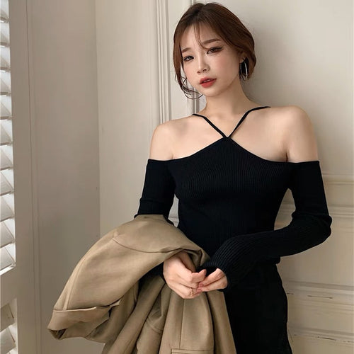 Women Long Sleeves Top - Front Cami Cross Halter Neck Knitted Off The Shoulder Ribbed Tops | Elegant Basic Fashion Piece