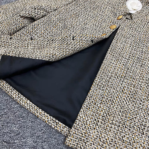 Brass Elegant Style Tweed Cropped Blazer Jacket - Trendy Single Breasted Outfit w/ Yellow Buttons for Winter| High Quality Short Suit Top