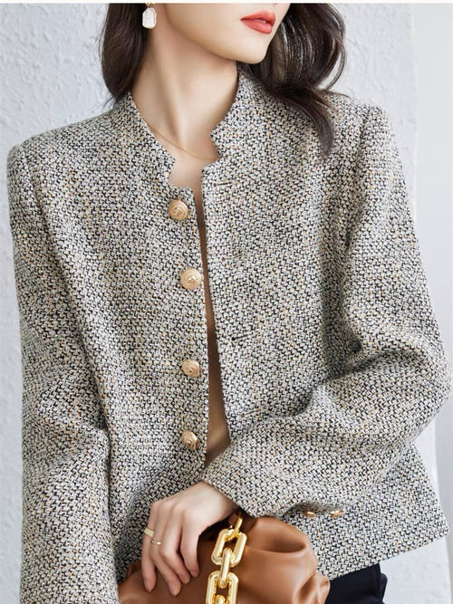 Brass Elegant Style Tweed Cropped Blazer Jacket - Trendy Single Breasted Outfit w/ Yellow Buttons for Winter| High Quality Short Suit Top