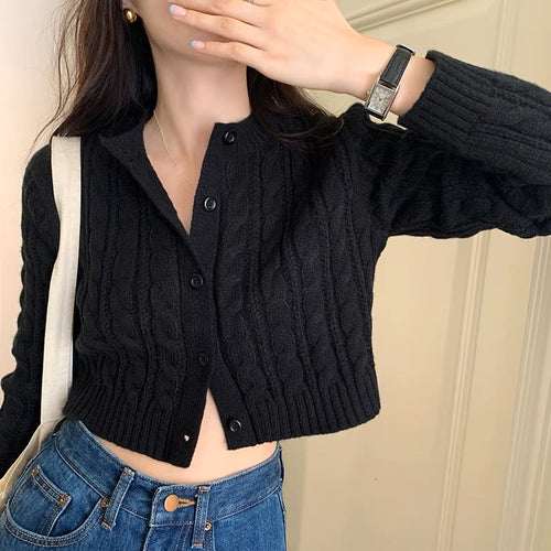Elegant Round Neck Long Sleeves Cropped Cardigan – Knitted Cotton w/ Notched Buttons Cardigan Tops | Classic Basic Fashion Piece