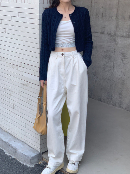 Elegant Round Neck Long Sleeves Cropped Cardigan – Knitted Cotton w/ Notched Buttons Cardigan Tops | Classic Basic Fashion Piece