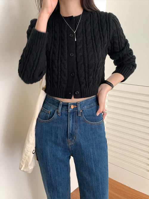 Elegant Round Neck Long Sleeves Cropped Cardigan – Knitted Cotton w/ Notched Buttons Cardigan Tops | Classic Basic Fashion Piece