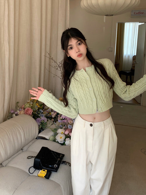 Women Elegant Round Neck Long Sleeves Cropped Cardigan – Knitted Cotton w/ Notched Buttons Cardigan Tops | Classic Basic Fashion Piece